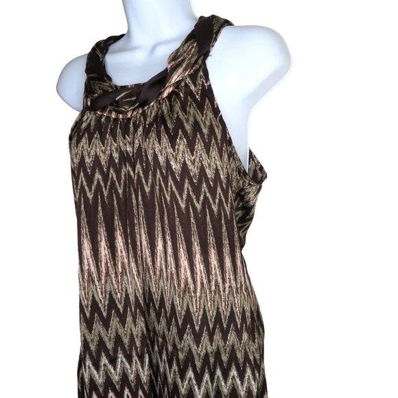 Womens Sleeveless Brown Chevron Blouse M Keyhole Tie Neck Loose Y2K Tank Top - Picture 3 of 10
